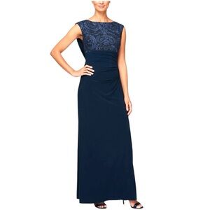 Alex Evenings Matte Jersey Empire Sequin Lace Bodice Cowl Back Navy Maxi Dress